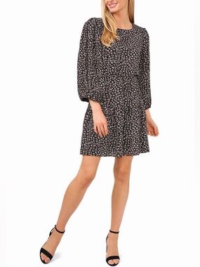 CeCe Women’s Black and White Leopard Printed Long-Sleeve Ruffle Mini Dress